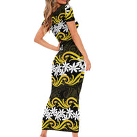 Personalised Cook Islands Aitutaki Short Sleeve Bodycon Dress Tiare Maori Polynesian Waves Tattoo LT14 - Polynesian Pride