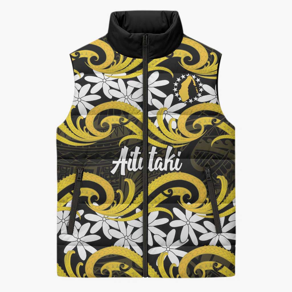 Personalised Cook Islands Aitutaki Sleeveless Puffer Jacket Tiare Maori Polynesian Waves Tattoo