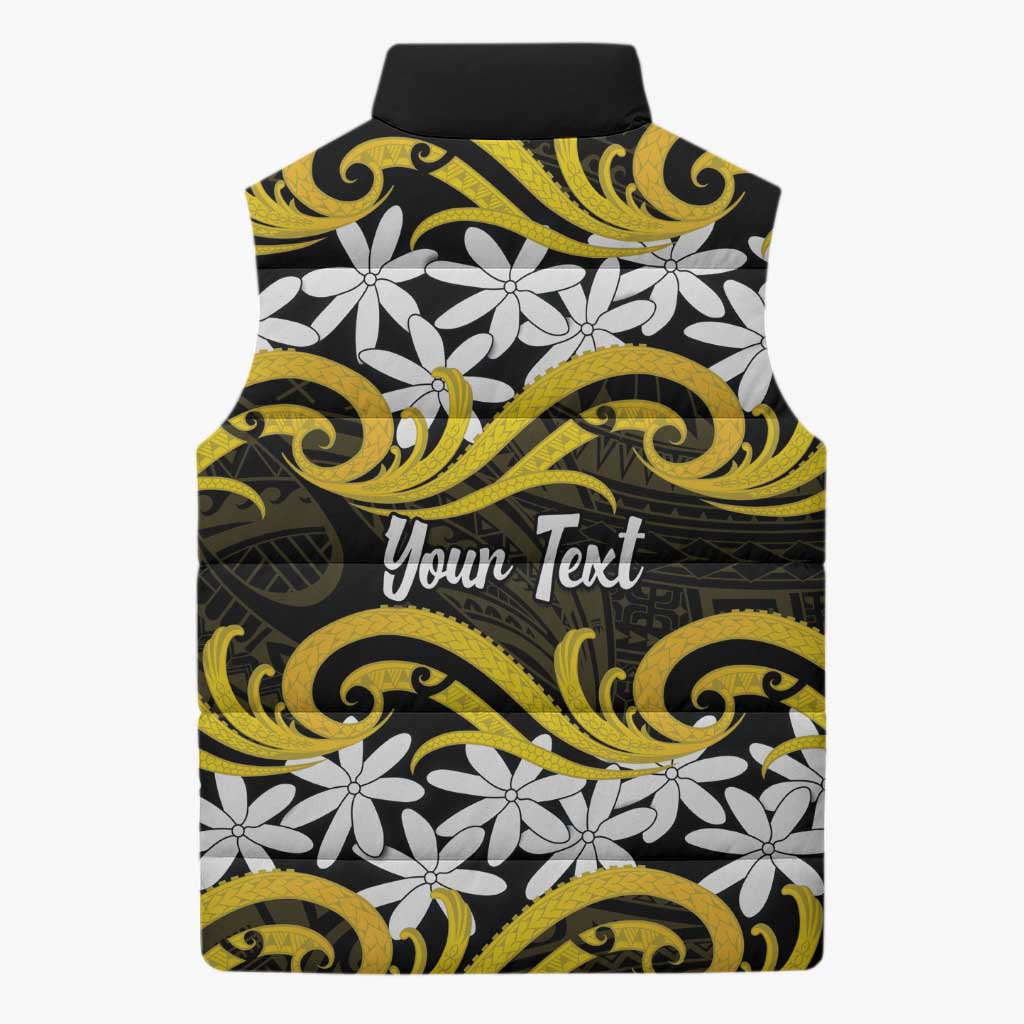 Personalised Cook Islands Aitutaki Sleeveless Puffer Jacket Tiare Maori Polynesian Waves Tattoo