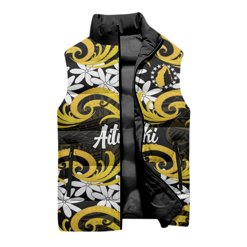 Personalised Cook Islands Aitutaki Sleeveless Puffer Jacket Tiare Maori Polynesian Waves Tattoo