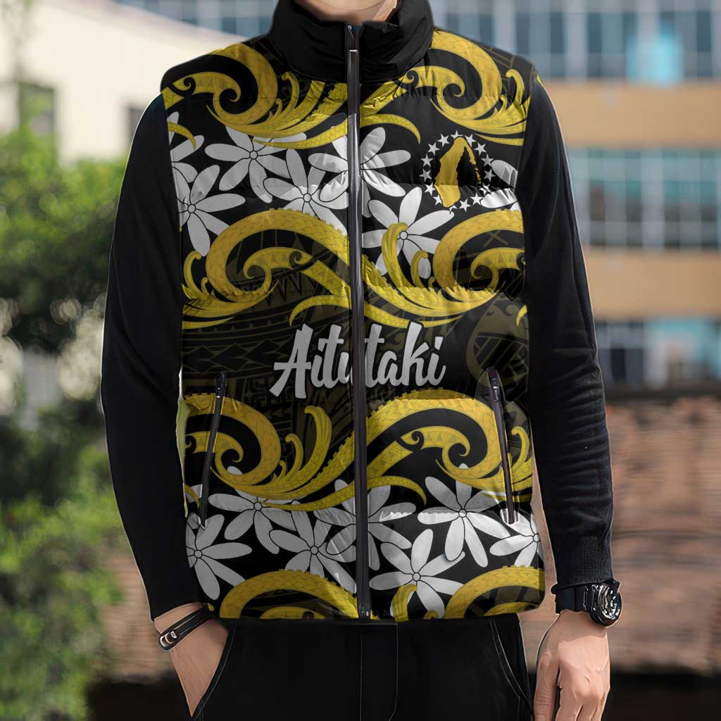 Personalised Cook Islands Aitutaki Sleeveless Puffer Jacket Tiare Maori Polynesian Waves Tattoo