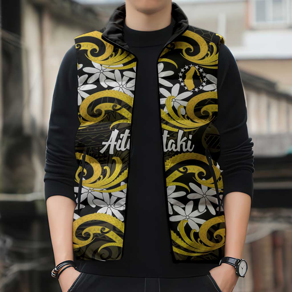 Personalised Cook Islands Aitutaki Sleeveless Puffer Jacket Tiare Maori Polynesian Waves Tattoo