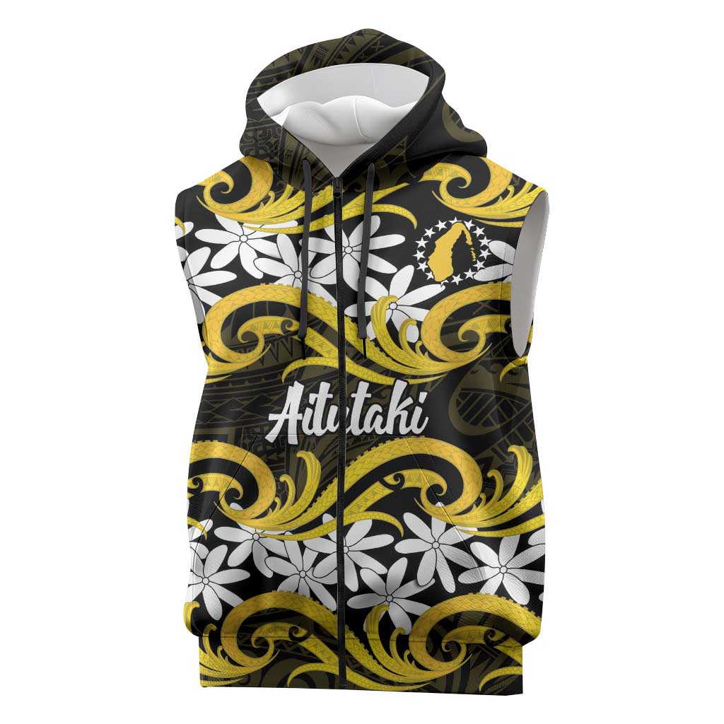 Personalised Cook Islands Aitutaki Sleeveless Zip Hoodie Tiare Maori Polynesian Waves Tattoo LT14 Yellow - Polynesian Pride