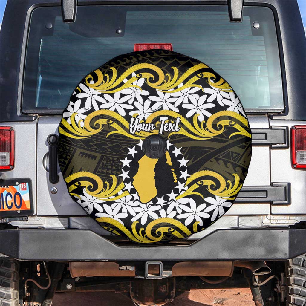 Personalised Cook Islands Aitutaki Spare Tire Cover Tiare Maori Polynesian Waves Tattoo LT14 Yellow - Polynesian Pride