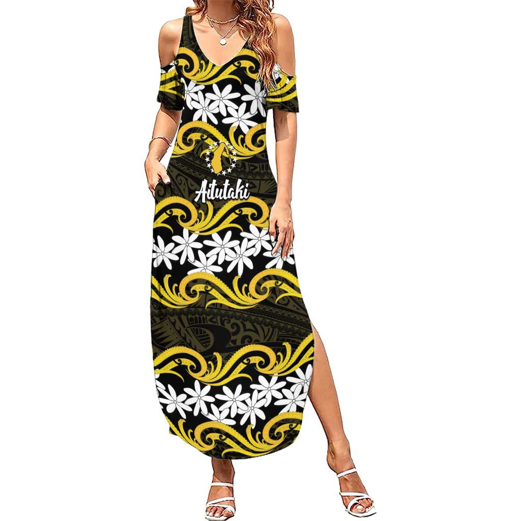 Personalised Cook Islands Aitutaki Summer Maxi Dress Tiare Maori Polynesian Waves Tattoo LT14 Women Yellow - Polynesian Pride