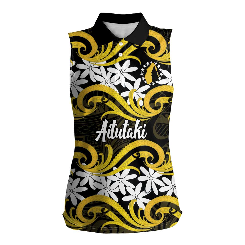 Personalised Cook Islands Aitutaki Women Sleeveless Polo Shirt Tiare Maori Polynesian Waves Tattoo LT14 Female Yellow - Polynesian Pride