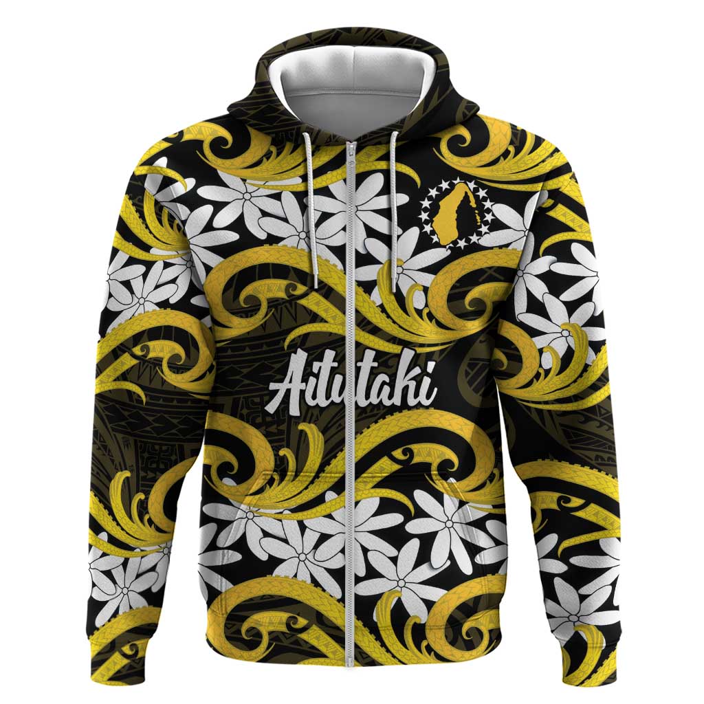 Personalised Cook Islands Aitutaki Zip Hoodie Tiare Maori Polynesian Waves Tattoo LT14 Zip Hoodie Yellow - Polynesian Pride