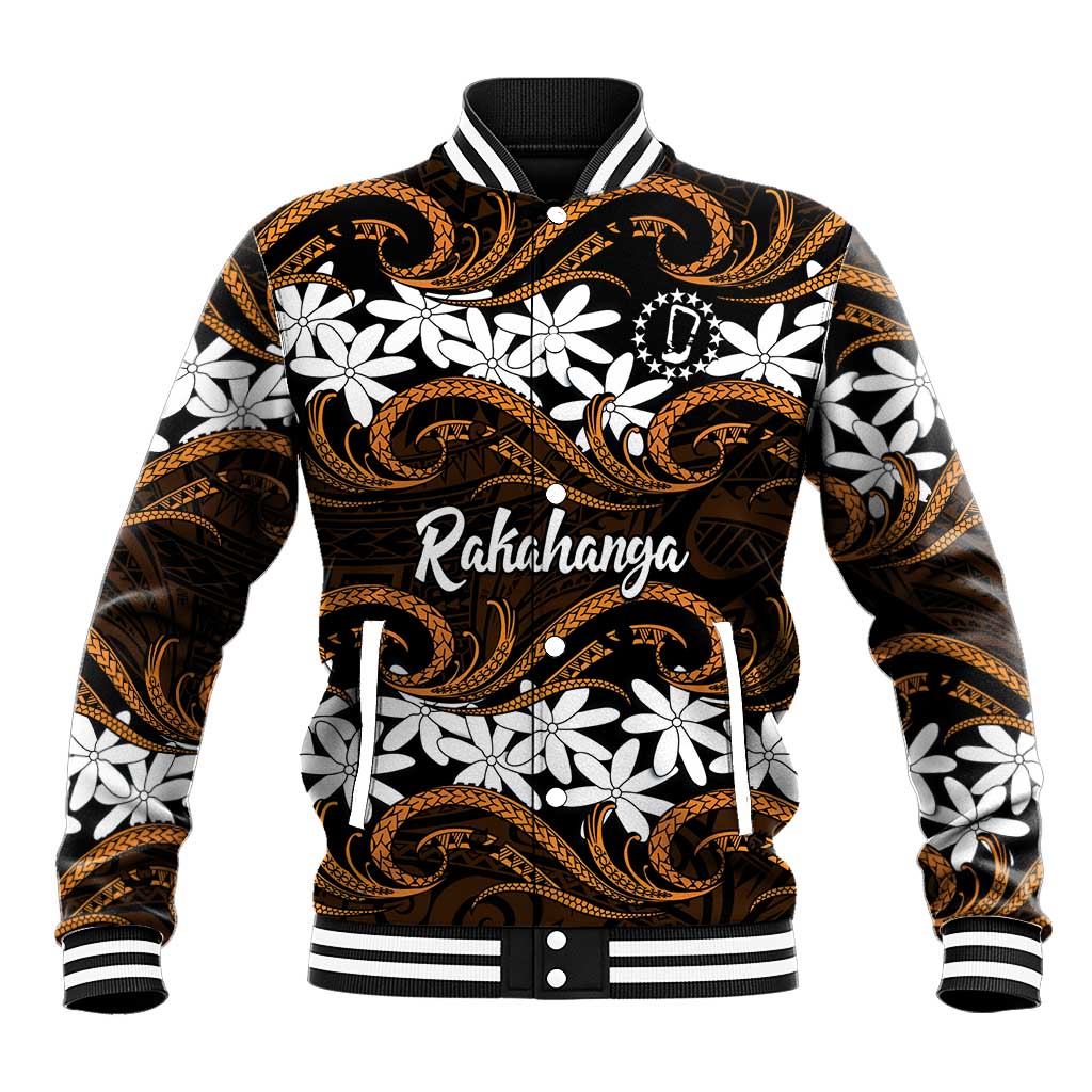 Personalised Cook Islands Rakahanga Baseball Jacket Tiare Maori Polynesian Waves Tattoo LT14 Unisex Orange - Polynesian Pride