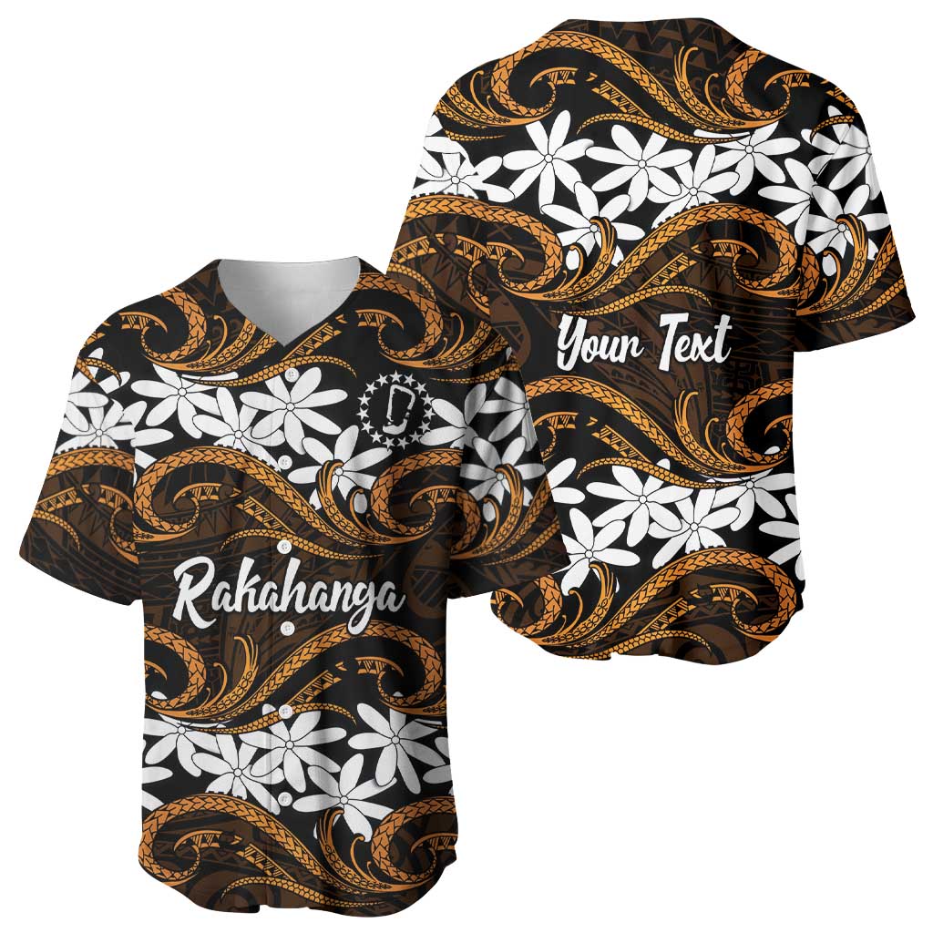 Personalised Cook Islands Rakahanga Baseball Jersey Tiare Maori Polynesian Waves Tattoo