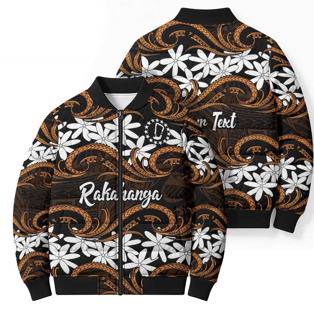 Personalised Cook Islands Rakahanga Bomber Puffer Jacket Tiare Maori Polynesian Waves Tattoo LT14 - Polynesian Pride