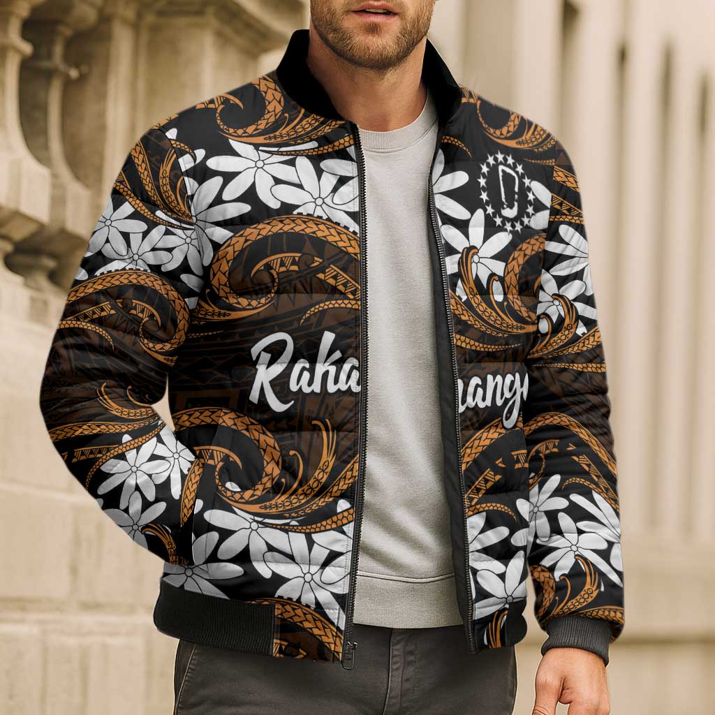 Personalised Cook Islands Rakahanga Bomber Puffer Jacket Tiare Maori Polynesian Waves Tattoo LT14 - Polynesian Pride