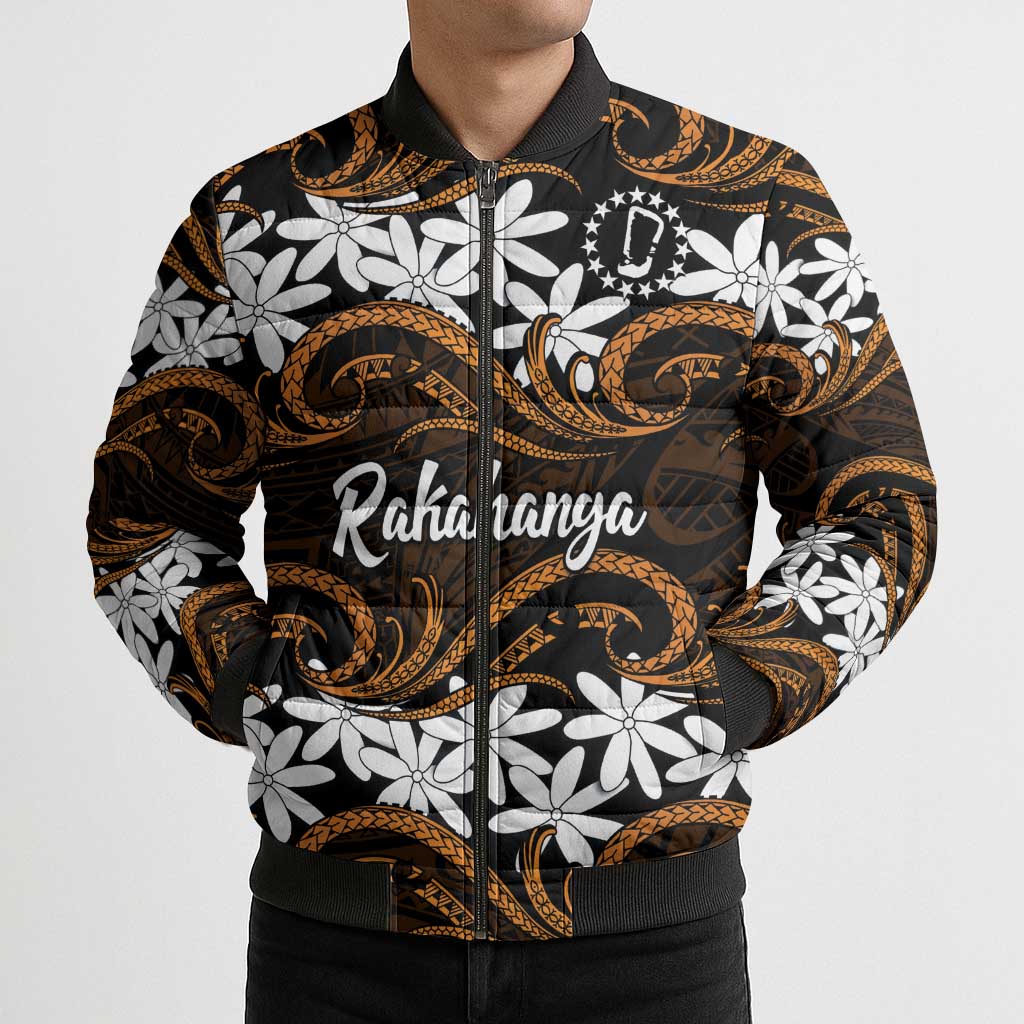 Personalised Cook Islands Rakahanga Bomber Puffer Jacket Tiare Maori Polynesian Waves Tattoo LT14 - Polynesian Pride