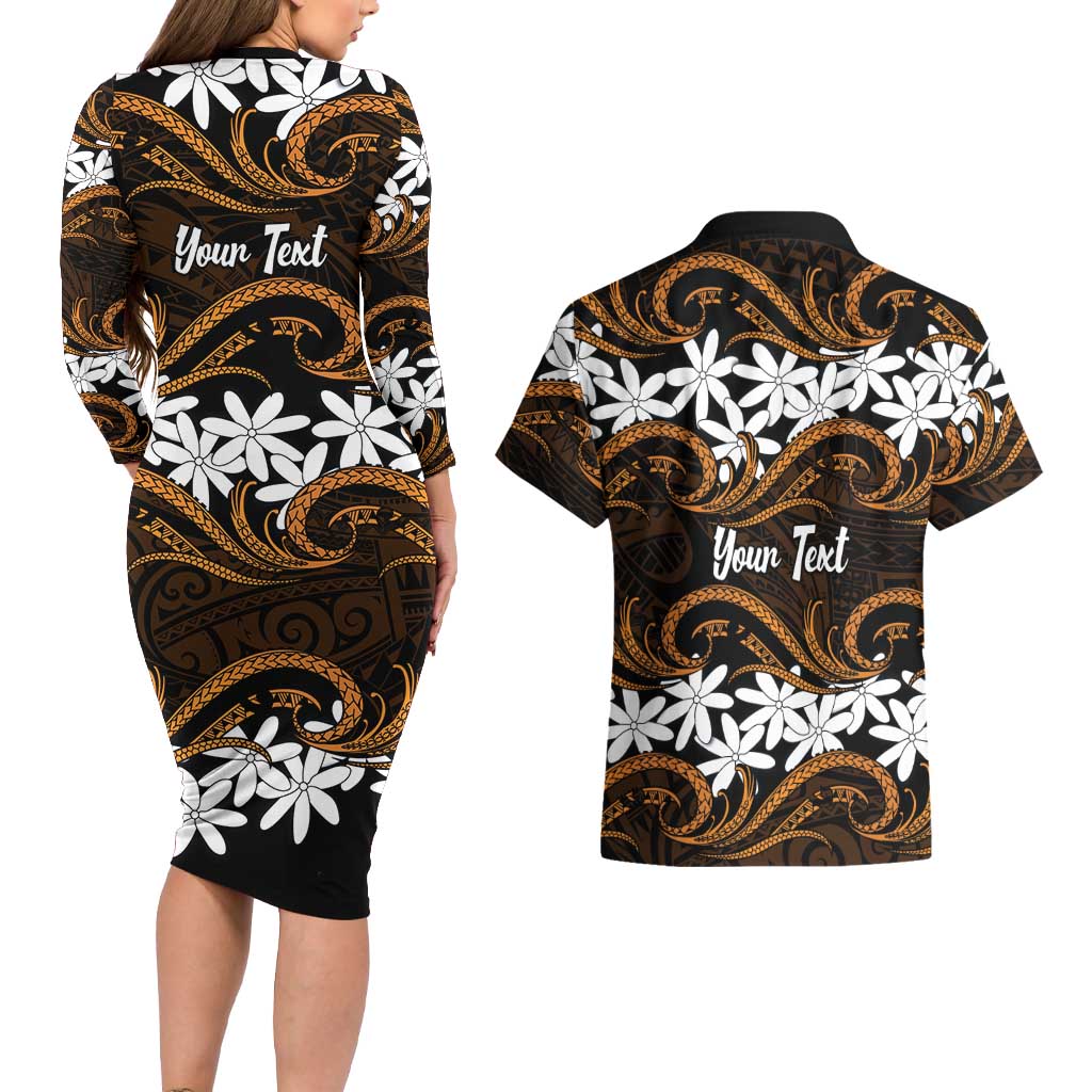 Personalised Cook Islands Rakahanga Couples Matching Long Sleeve Bodycon Dress and Hawaiian Shirt Tiare Maori Polynesian Waves Tattoo