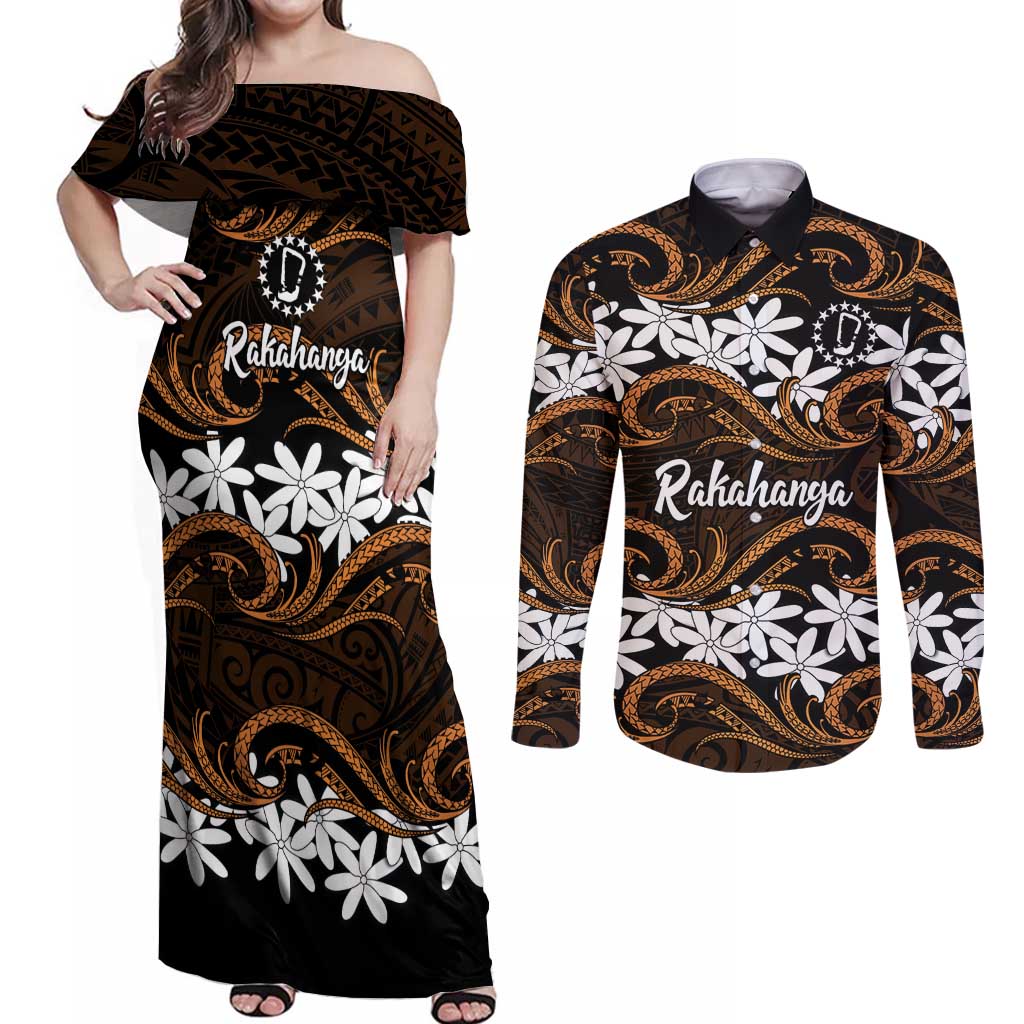 Personalised Cook Islands Rakahanga Couples Matching Off Shoulder Maxi Dress and Long Sleeve Button Shirt Tiare Maori Polynesian Waves Tattoo LT14 Orange - Polynesian Pride