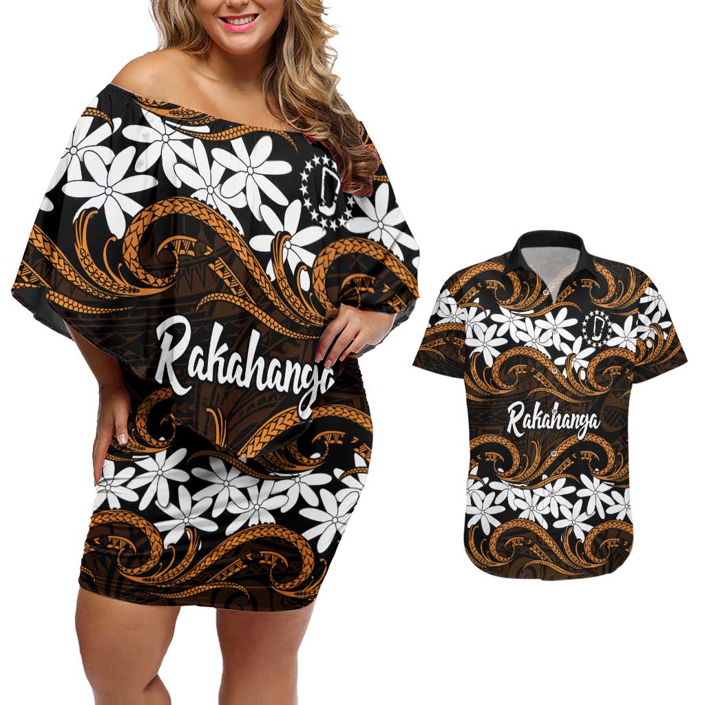Personalised Cook Islands Rakahanga Couples Matching Off Shoulder Short Dress and Hawaiian Shirt Tiare Maori Polynesian Waves Tattoo