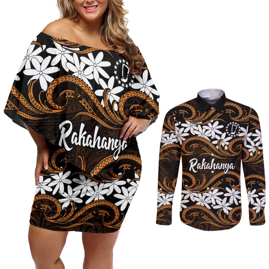 Personalised Cook Islands Rakahanga Couples Matching Off Shoulder Short Dress and Long Sleeve Button Shirt Tiare Maori Polynesian Waves Tattoo LT14 Orange - Polynesian Pride