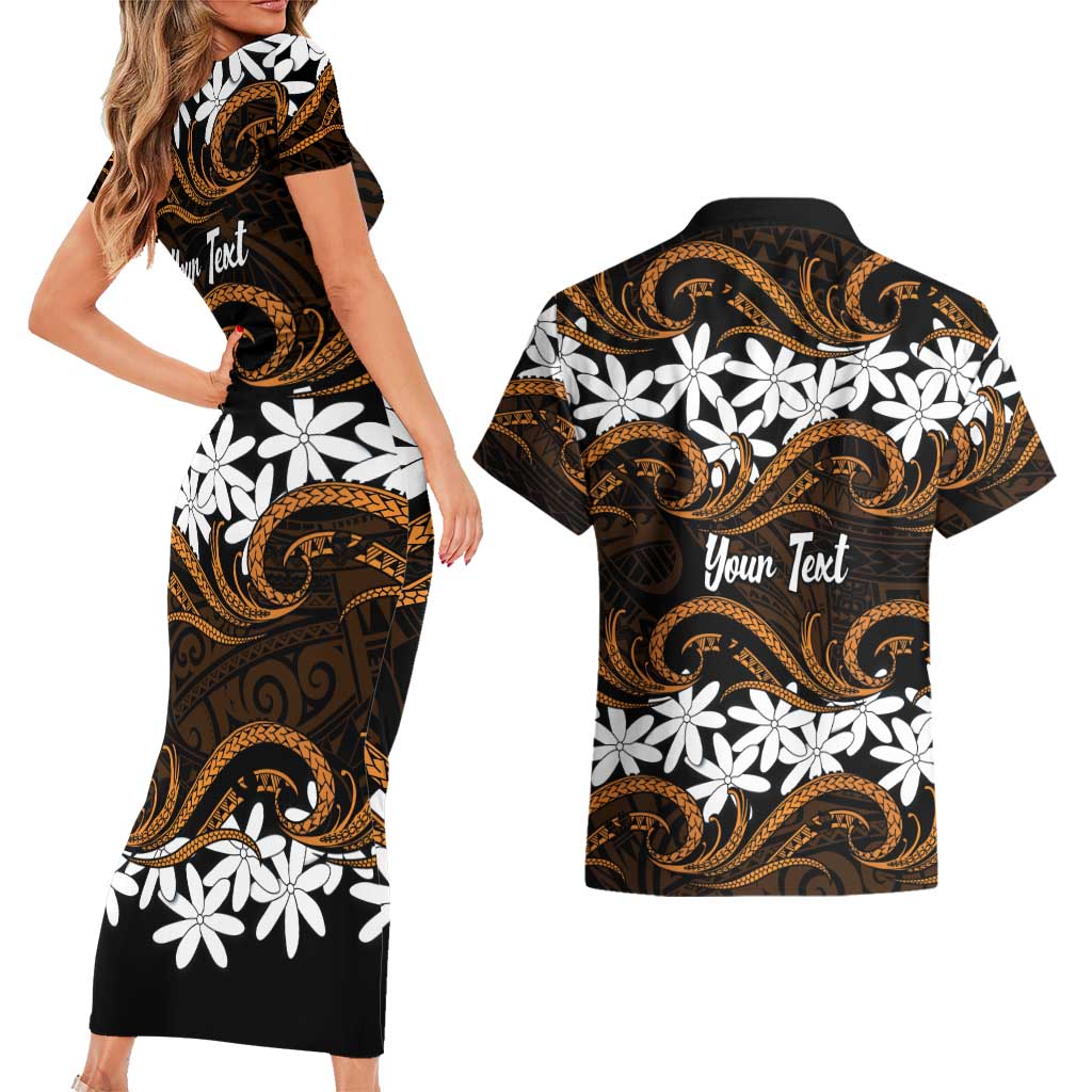 Personalised Cook Islands Rakahanga Couples Matching Short Sleeve Bodycon Dress and Hawaiian Shirt Tiare Maori Polynesian Waves Tattoo