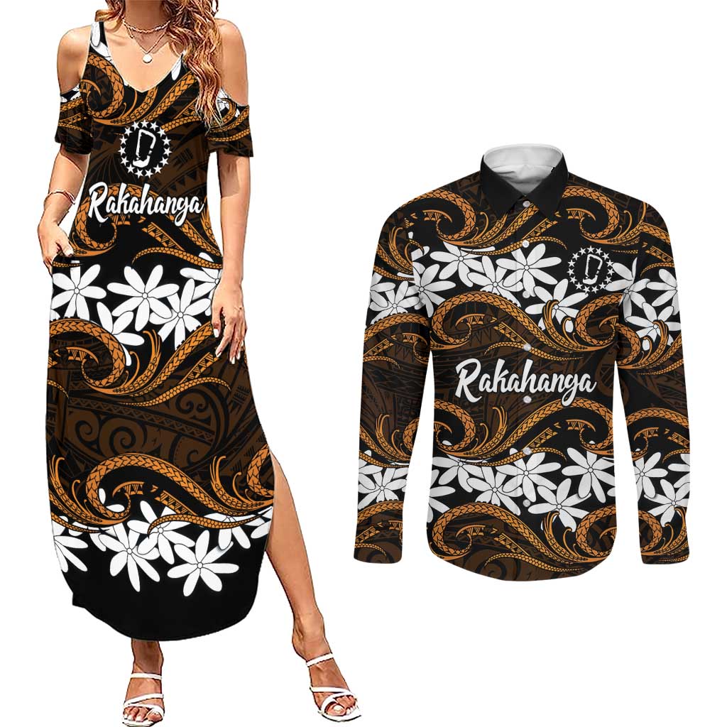 Personalised Cook Islands Rakahanga Couples Matching Summer Maxi Dress and Long Sleeve Button Shirt Tiare Maori Polynesian Waves Tattoo LT14 Orange - Polynesian Pride
