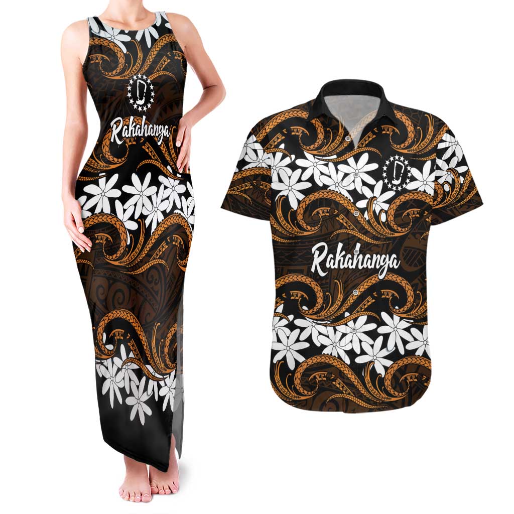 Personalised Cook Islands Rakahanga Couples Matching Tank Maxi Dress and Hawaiian Shirt Tiare Maori Polynesian Waves Tattoo LT14 Orange - Polynesian Pride