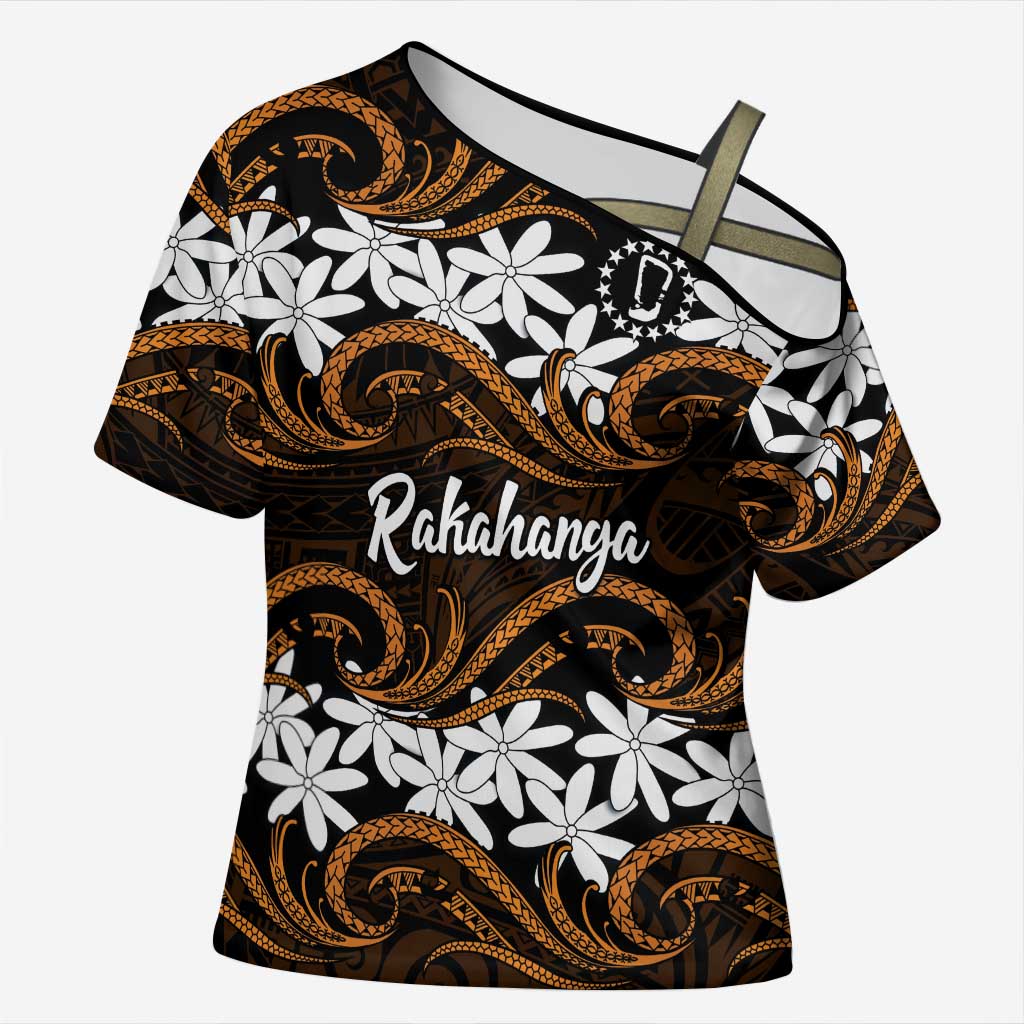Personalised Cook Islands Rakahanga Cross Shoulder Shirt Tiare Maori Polynesian Waves Tattoo LT14 Female Orange - Polynesian Pride