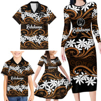 Personalised Cook Islands Rakahanga Family Matching Long Sleeve Bodycon Dress and Hawaiian Shirt Tiare Maori Polynesian Waves Tattoo