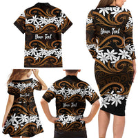 Personalised Cook Islands Rakahanga Family Matching Long Sleeve Bodycon Dress and Hawaiian Shirt Tiare Maori Polynesian Waves Tattoo