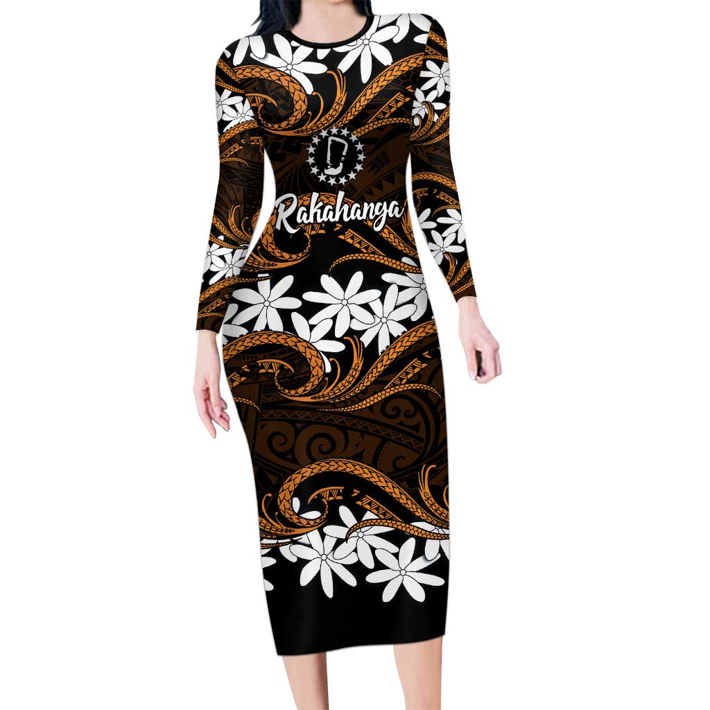 Personalised Cook Islands Rakahanga Family Matching Long Sleeve Bodycon Dress and Hawaiian Shirt Tiare Maori Polynesian Waves Tattoo