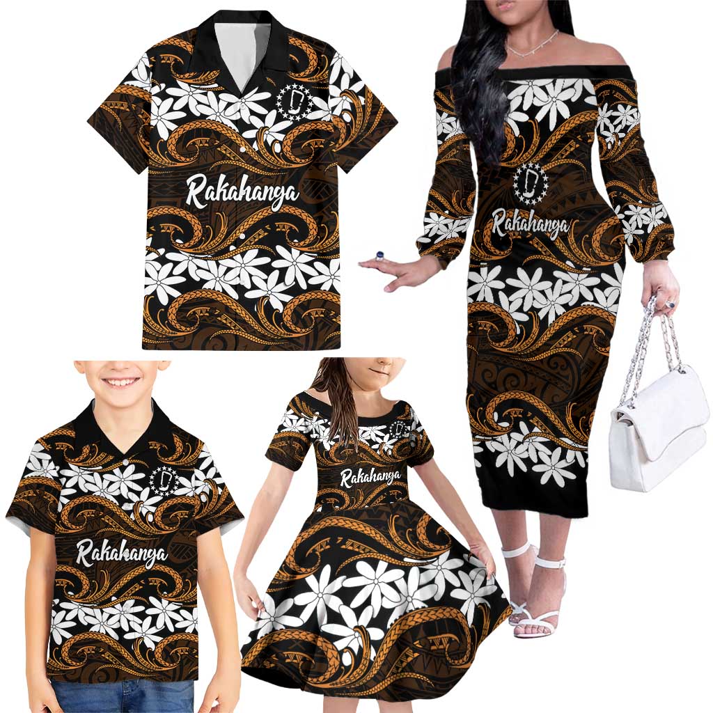 Personalised Cook Islands Rakahanga Family Matching Off The Shoulder Long Sleeve Dress and Hawaiian Shirt Tiare Maori Polynesian Waves Tattoo