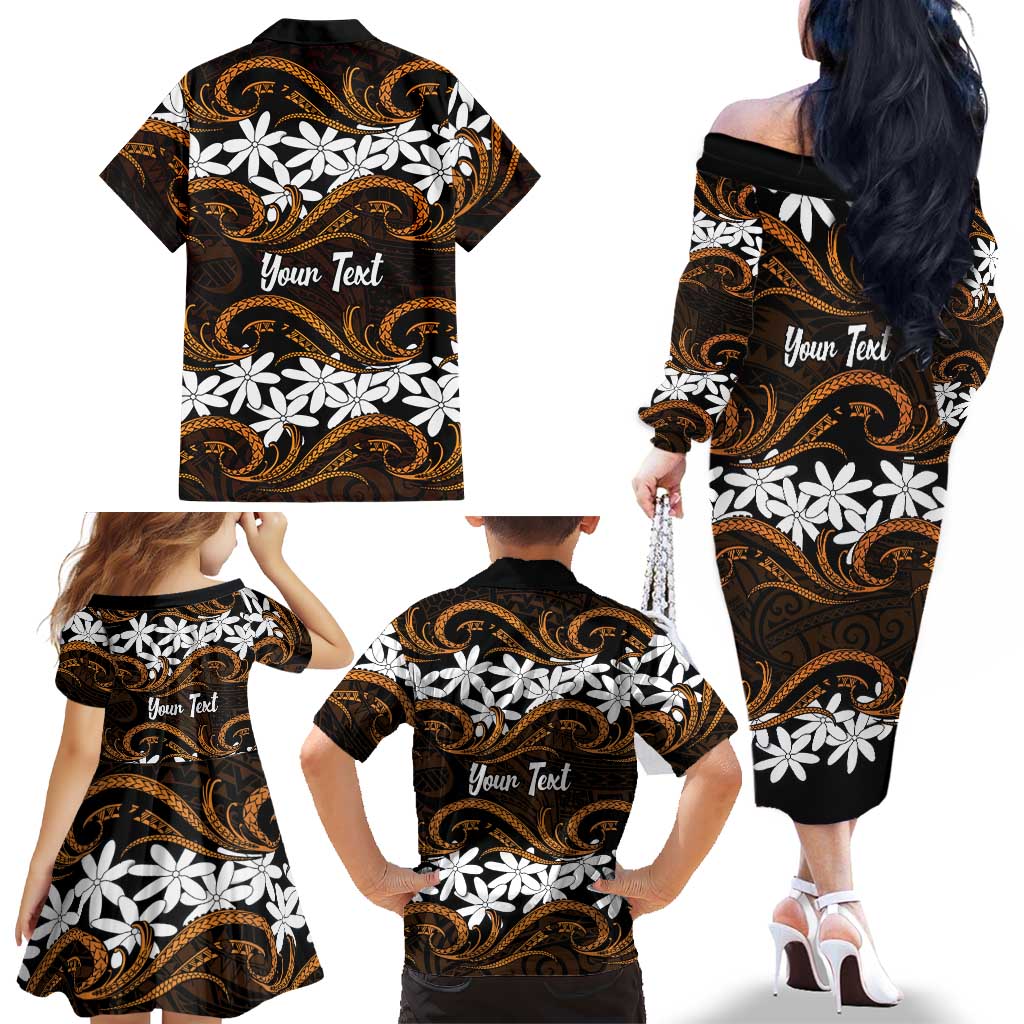 Personalised Cook Islands Rakahanga Family Matching Off The Shoulder Long Sleeve Dress and Hawaiian Shirt Tiare Maori Polynesian Waves Tattoo