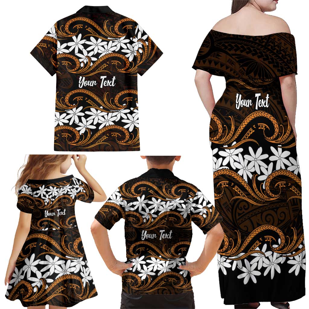 Personalised Cook Islands Rakahanga Family Matching Off Shoulder Maxi Dress and Hawaiian Shirt Tiare Maori Polynesian Waves Tattoo