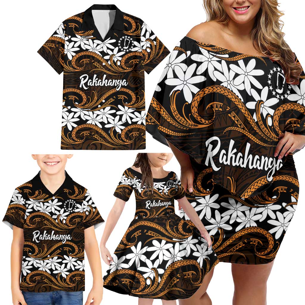 Personalised Cook Islands Rakahanga Family Matching Off Shoulder Short Dress and Hawaiian Shirt Tiare Maori Polynesian Waves Tattoo LT14 - Polynesian Pride