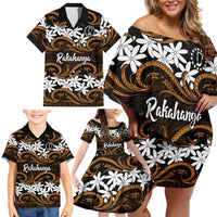 Personalised Cook Islands Rakahanga Family Matching Off Shoulder Short Dress and Hawaiian Shirt Tiare Maori Polynesian Waves Tattoo