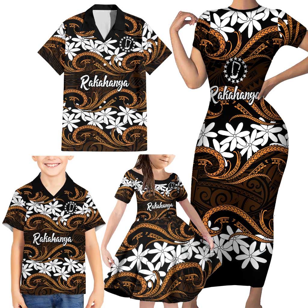 Personalised Cook Islands Rakahanga Family Matching Short Sleeve Bodycon Dress and Hawaiian Shirt Tiare Maori Polynesian Waves Tattoo LT14 - Polynesian Pride
