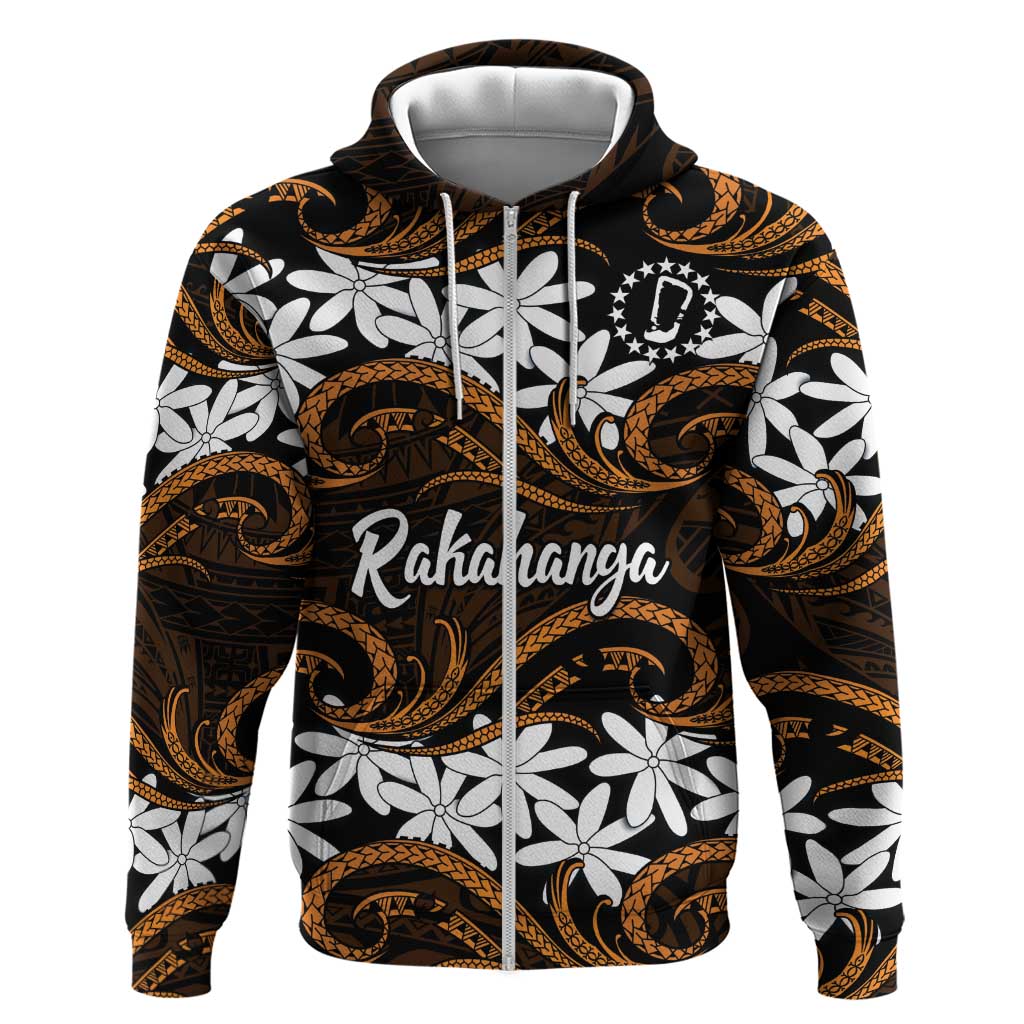 Personalised Cook Islands Rakahanga Hoodie Tiare Maori Polynesian Waves Tattoo LT14 Zip Hoodie Orange - Polynesian Pride
