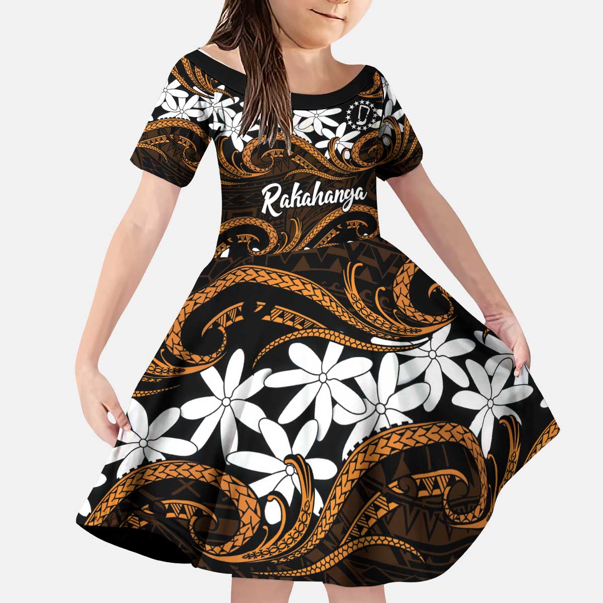 Personalised Cook Islands Rakahanga Kid Short Sleeve Dress Tiare Maori Polynesian Waves Tattoo LT14 KID Orange - Polynesian Pride