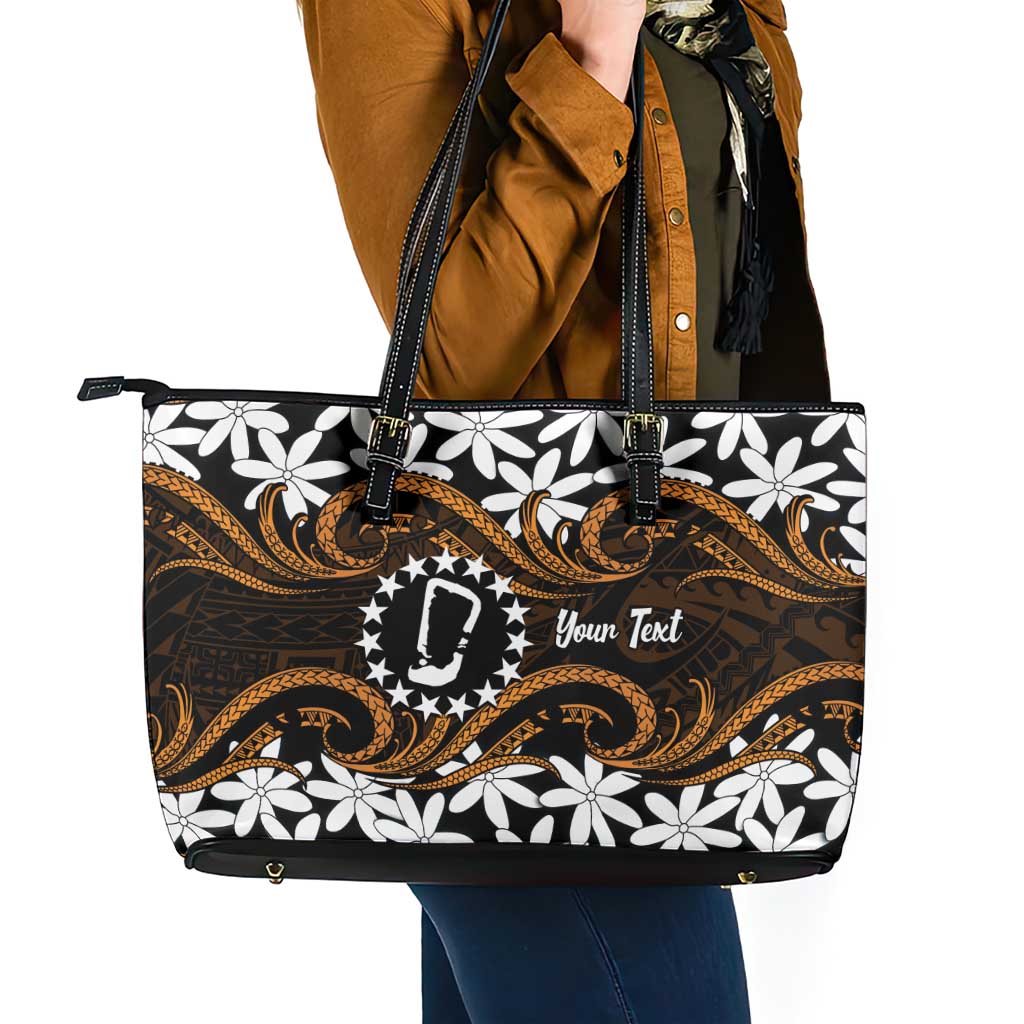 Personalised Cook Islands Rakahanga Leather Tote Bag Tiare Maori Polynesian Waves Tattoo LT14 - Polynesian Pride