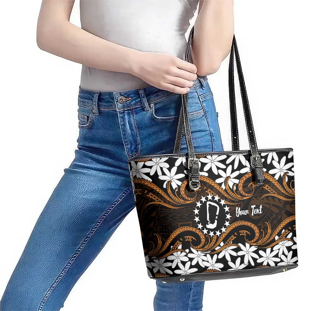Personalised Cook Islands Rakahanga Leather Tote Bag Tiare Maori Polynesian Waves Tattoo LT14 - Polynesian Pride