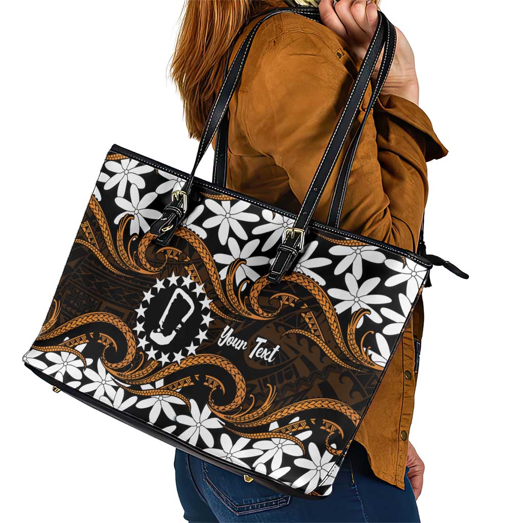 Personalised Cook Islands Rakahanga Leather Tote Bag Tiare Maori Polynesian Waves Tattoo LT14 - Polynesian Pride