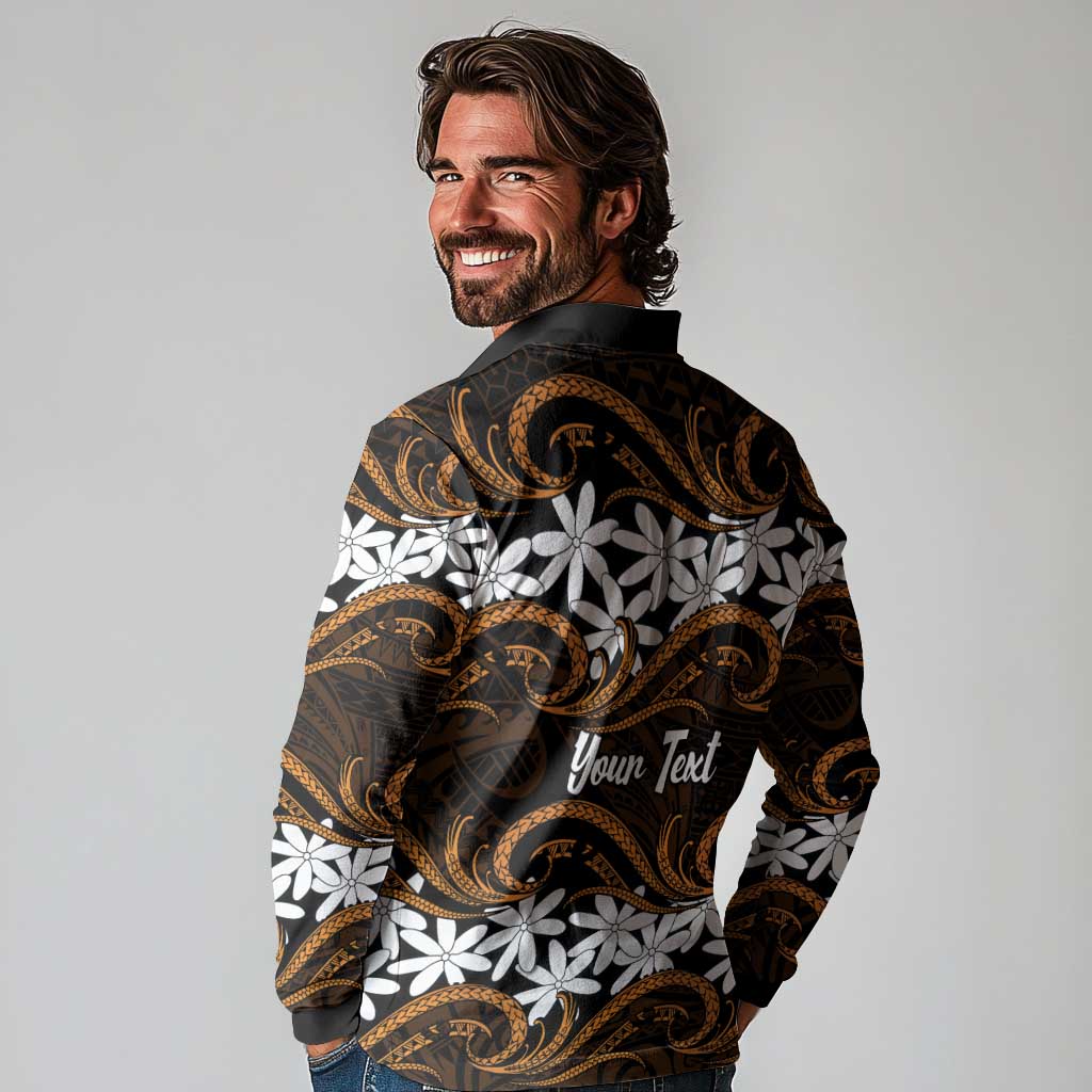 Personalised Cook Islands Rakahanga Long Sleeve Polo Shirt Tiare Maori Polynesian Waves Tattoo LT14 - Polynesian Pride