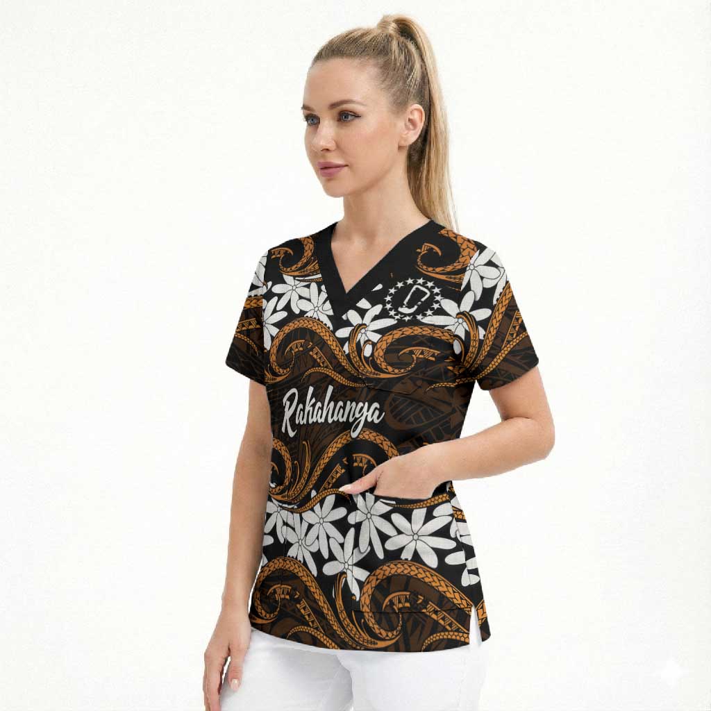 Personalised Cook Islands Rakahanga Scrub Top Tiare Maori Polynesian Waves Tattoo LT14 - Polynesian Pride