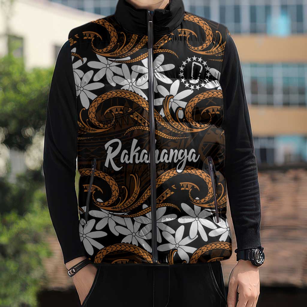 Personalised Cook Islands Rakahanga Sleeveless Puffer Jacket Tiare Maori Polynesian Waves Tattoo LT14 - Polynesian Pride