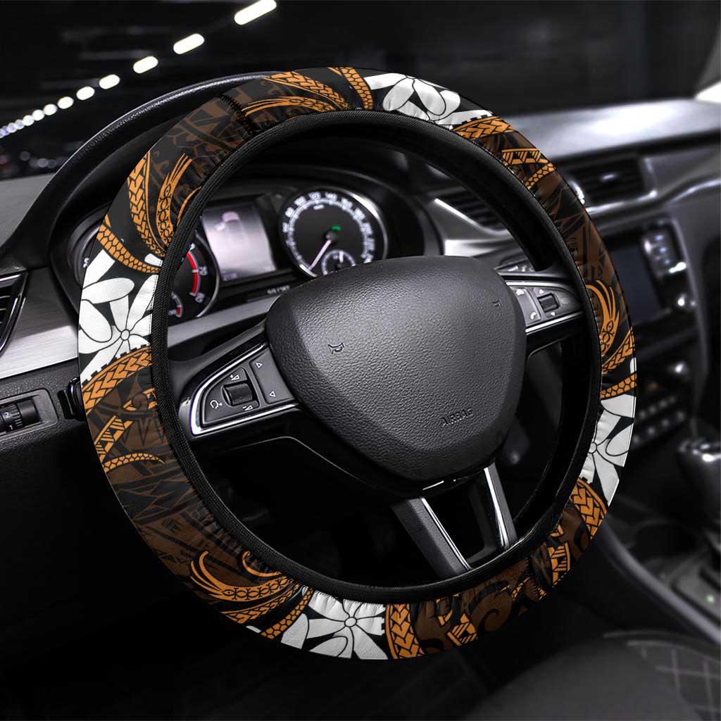 Cook Islands Rakahanga Steering Wheel Cover Tiare Maori Polynesian Waves Tattoo LT14 Universal Fit Orange - Polynesian Pride