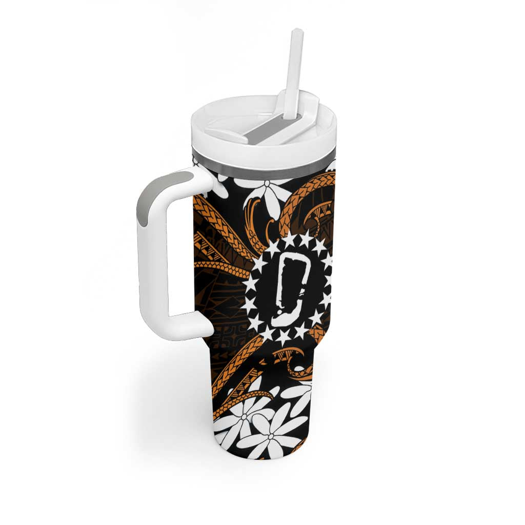 Personalised Cook Islands Rakahanga Tumbler With Handle Tiare Maori Polynesian Waves Tattoo