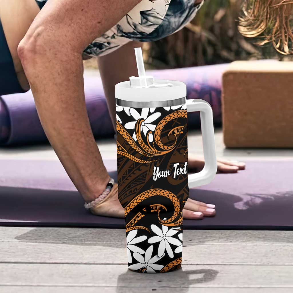 Personalised Cook Islands Rakahanga Tumbler With Handle Tiare Maori Polynesian Waves Tattoo