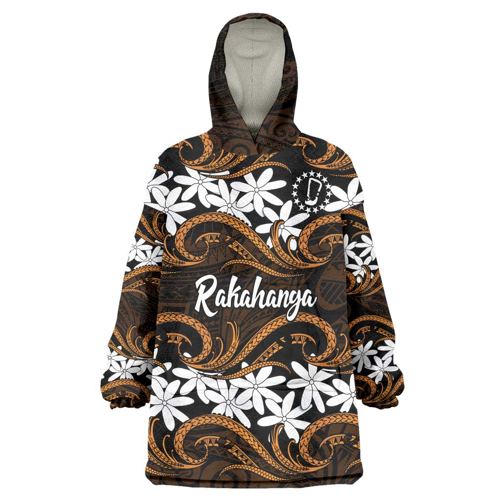 Personalised Cook Islands Rakahanga Wearable Blanket Hoodie Tiare Maori Polynesian Waves Tattoo LT14 One Size Orange - Polynesian Pride
