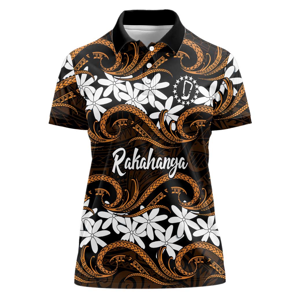 Personalised Cook Islands Rakahanga Women Polo Shirt Tiare Maori Polynesian Waves Tattoo LT14 Female Orange - Polynesian Pride