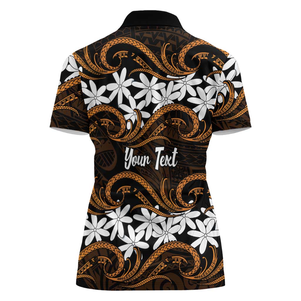 Personalised Cook Islands Rakahanga Women Polo Shirt Tiare Maori Polynesian Waves Tattoo