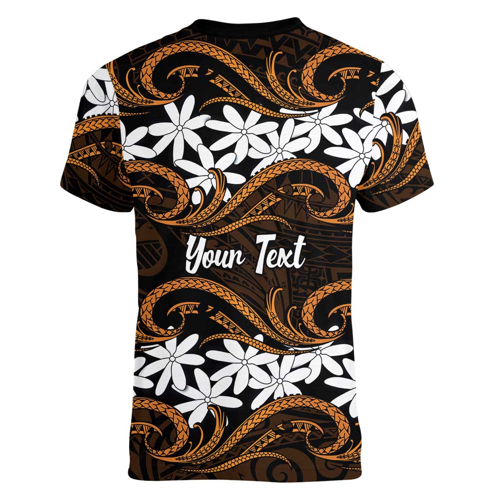 Personalised Cook Islands Rakahanga Women V-Neck T-Shirt Tiare Maori Polynesian Waves Tattoo