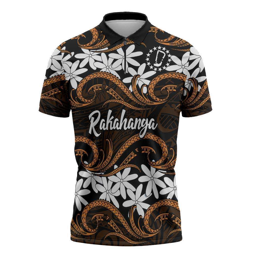 Personalised Cook Islands Rakahanga Zipper Polo Shirt Tiare Maori Polynesian Waves Tattoo LT14 Orange - Polynesian Pride