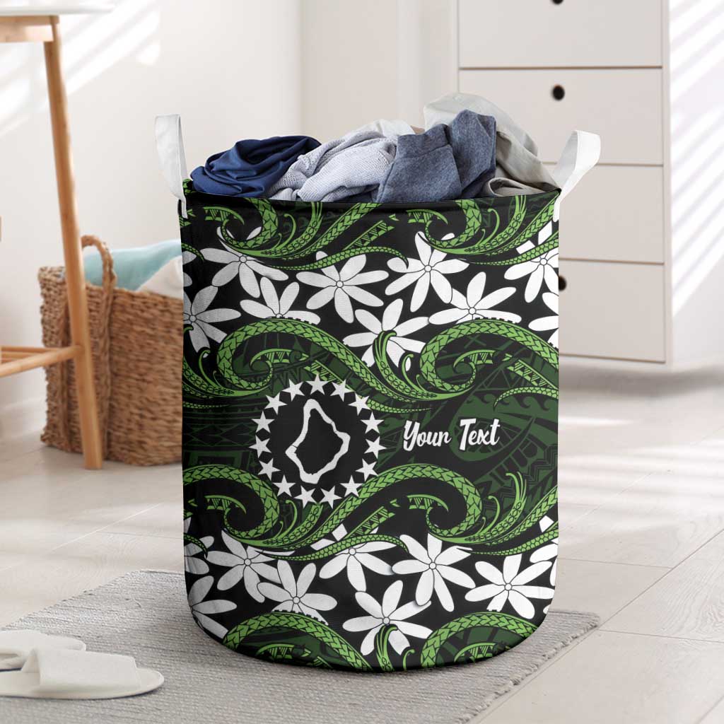 Personalised Cook Islands Palmerston Laundry Basket Tiare Maori Polynesian Waves Tattoo LT14 Green - Polynesian Pride